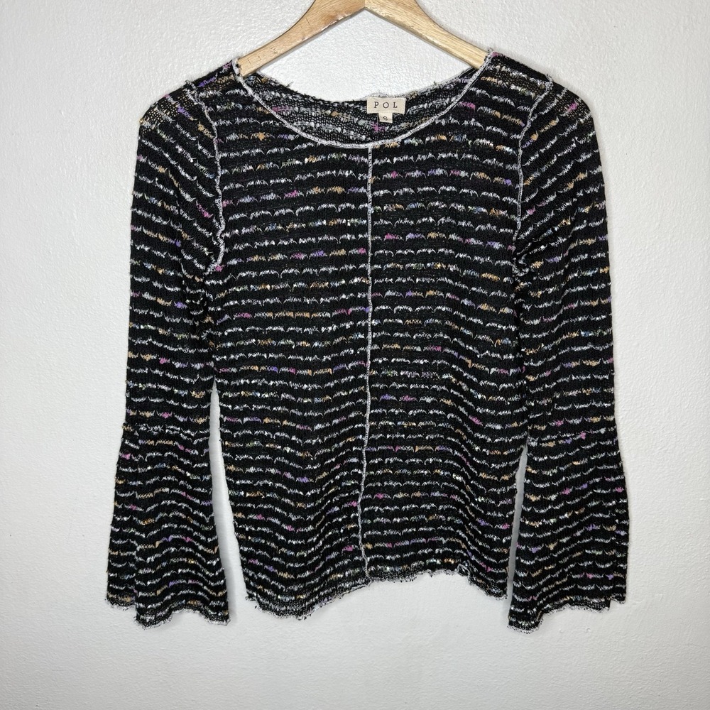 Pol Flare Sleeve Black Stripe Knit Sweater Boho Boat Neck Women's Small